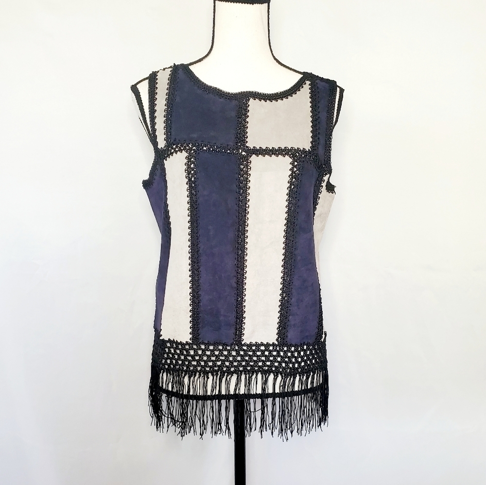 Romeo & Juliet Couture Patchwork Fringe Hem Sleeveless Top